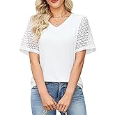 Totatuit Women's V Neck Casual Tops Lace Short Sleeve Summer Tunic Shirts for Women Loose Fit Breathable Cotton Blouses