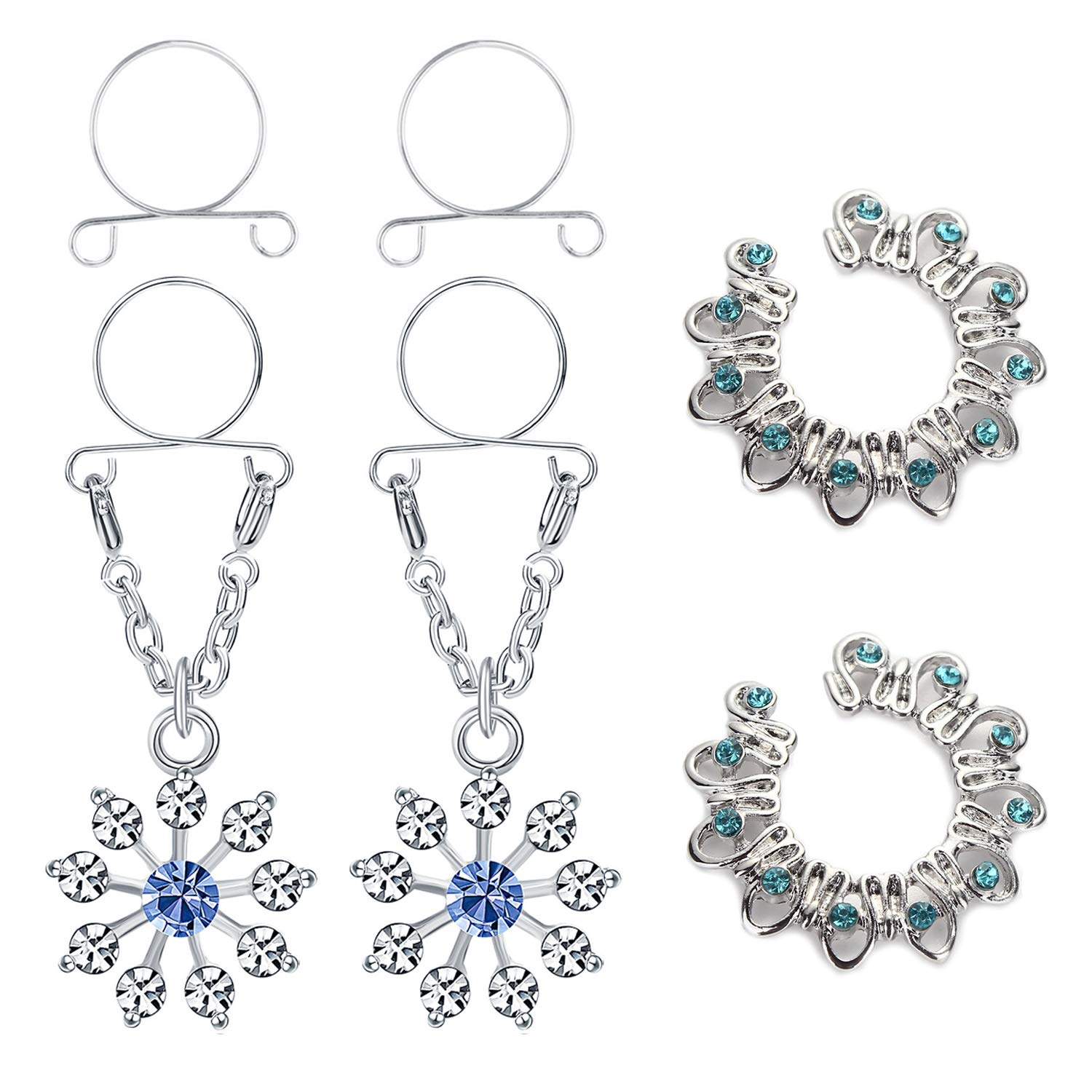 VCMART 2 Pairs Fake Nipple Ring with Dangle Stainless Steel Non Pierced Nipple Bar Piercing Jewellery