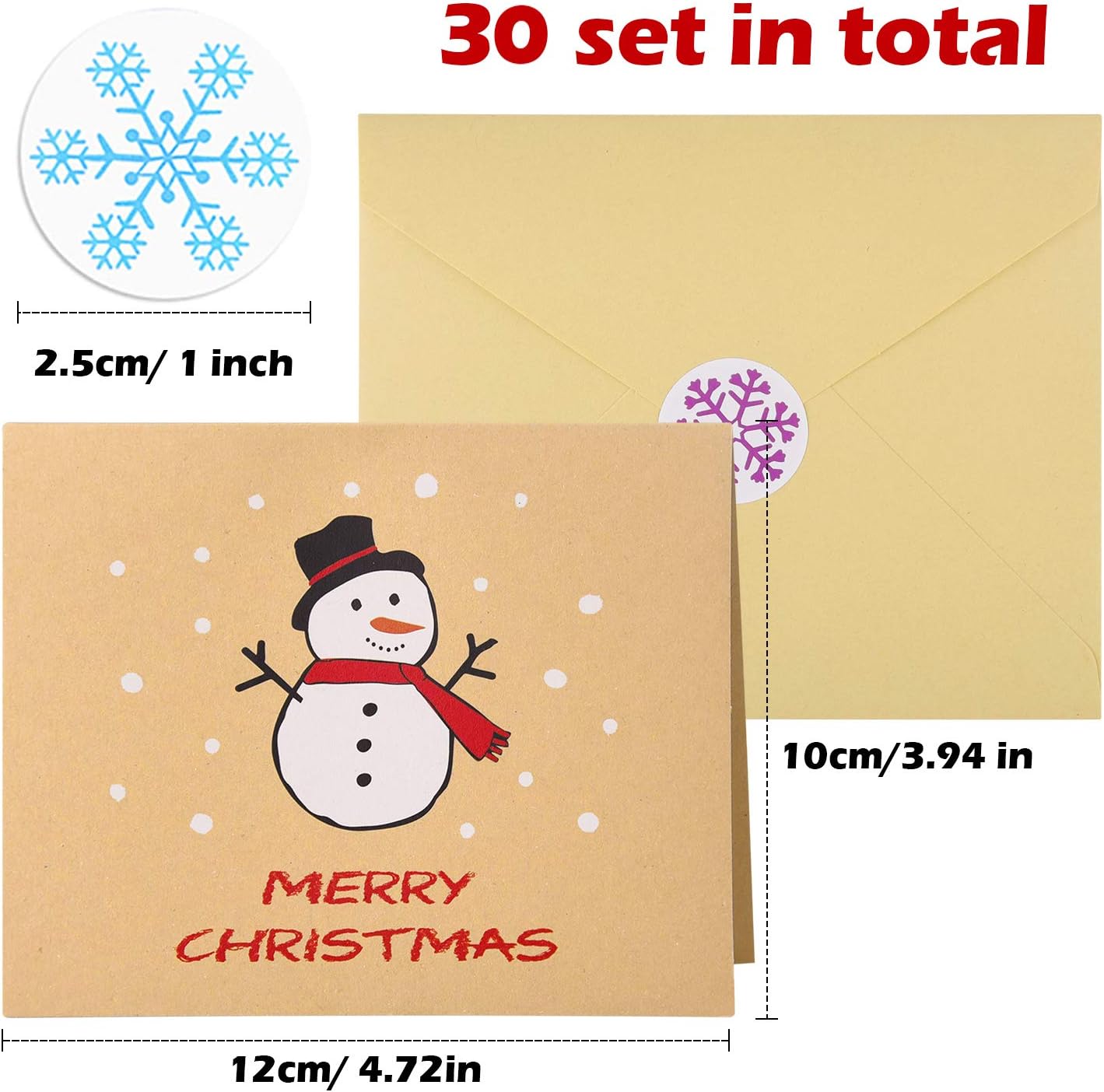 FEPITO 30Pcs Merry Christmas Greeting Cards Kraft Card Holiday Cards with Envelopes and Stickers, 4.72 x 3.95 Inches - Image 3