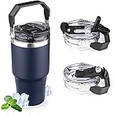 20oz Tumbler with Handle and Flip Straw Lid Double Wall Insulated Travel Coffee Mug Stainless Steel Vacuum Insulated Coffee Tumbler Cup for Hot and Cold Beverages Leak-proof&BPA-free (20oz,Navy blue)