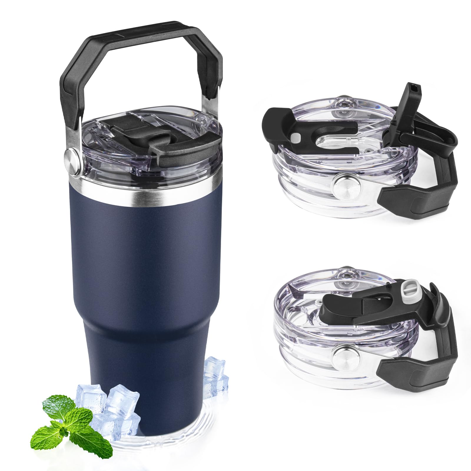 Photo 1 of 20oz Tumbler with Handle and Flip Straw Lid Double Wall Insulated Travel Coffee Mug Stainless Steel Vacuum Insulated Coffee Tumbler Cup for Hot and Cold Beverages Leak-proof&BPA-free (20oz,Navy blue)