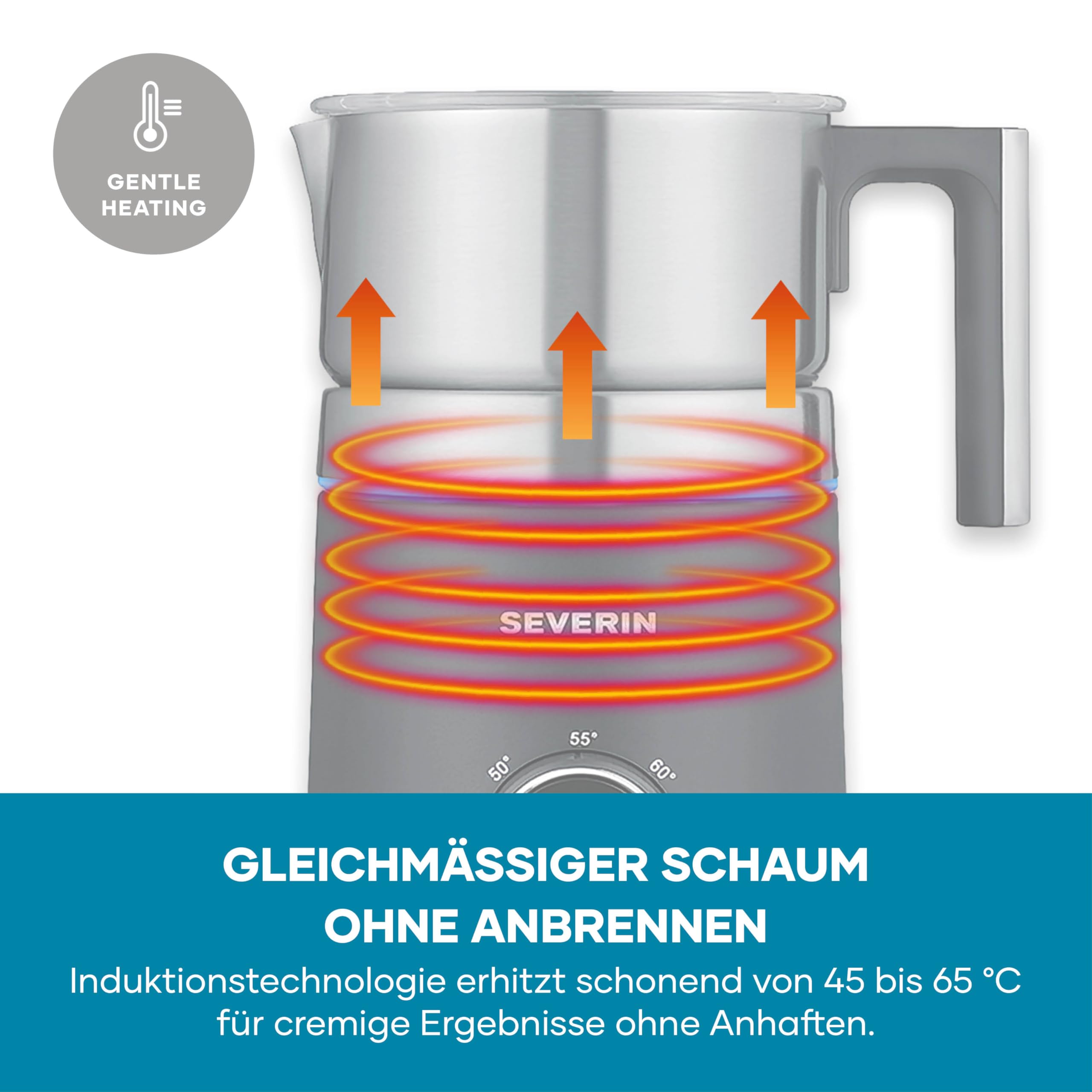 SEVERIN SPUMA 700 Induktions-Milchaufschäumer, elektrischer Milchaufschäumer ohne Anbrennen, spülmaschinengeeigneter Milchschäumer, Edelstahl-gebürstet/schwarz-matt, SM 3586 6