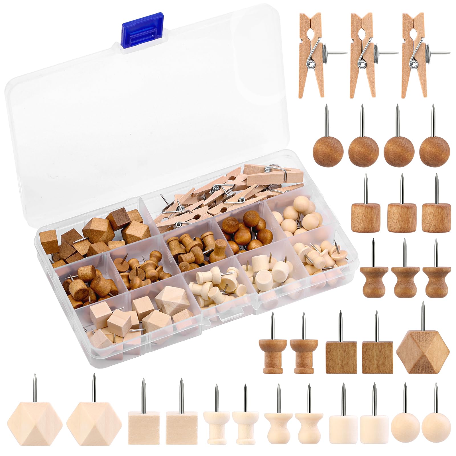 Photo 1 of 114 Pcs Wood Push Pins, 2 Colors and 7 Types Decorative Thumb Tacks Wooden Head Pin Map Tacks Marking Pin, Wood Thumb Tacks Decorative for Bulletin Boards Craft Projects with Storage Box