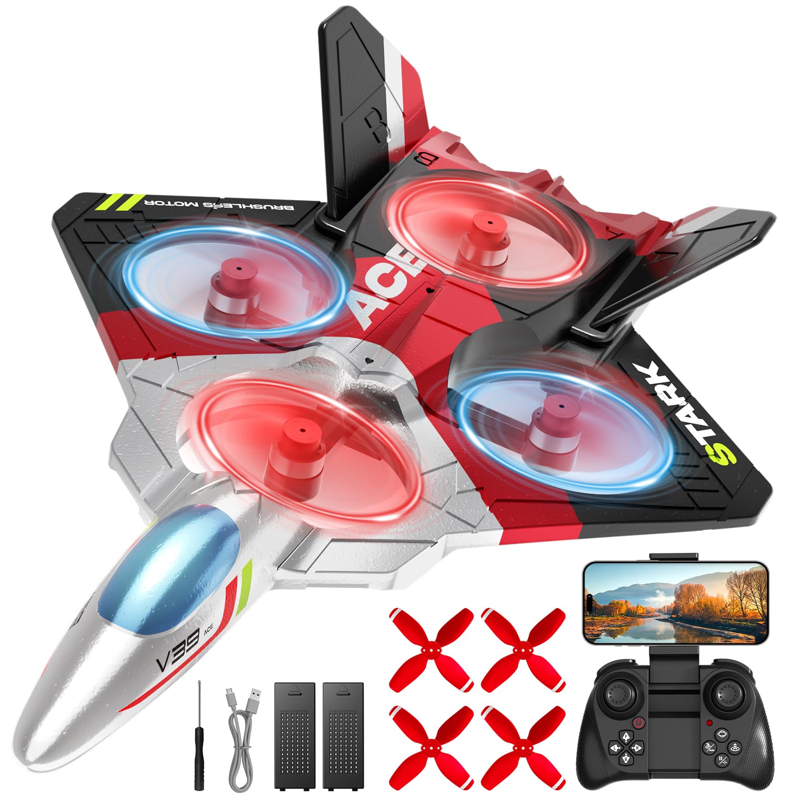 Photo 1 of **NOT ACCURATE TO STOCK PHOTO***4DRC V39 RC Plane with Camera for Adults Kids, RC Airplane Fighter Jet 2.4GHz RTF Glider Aircraft Plane Toys,Waypoint Functions,Altitude Hold, Gesture Selfie,3D Flips,2 Batteries,Red