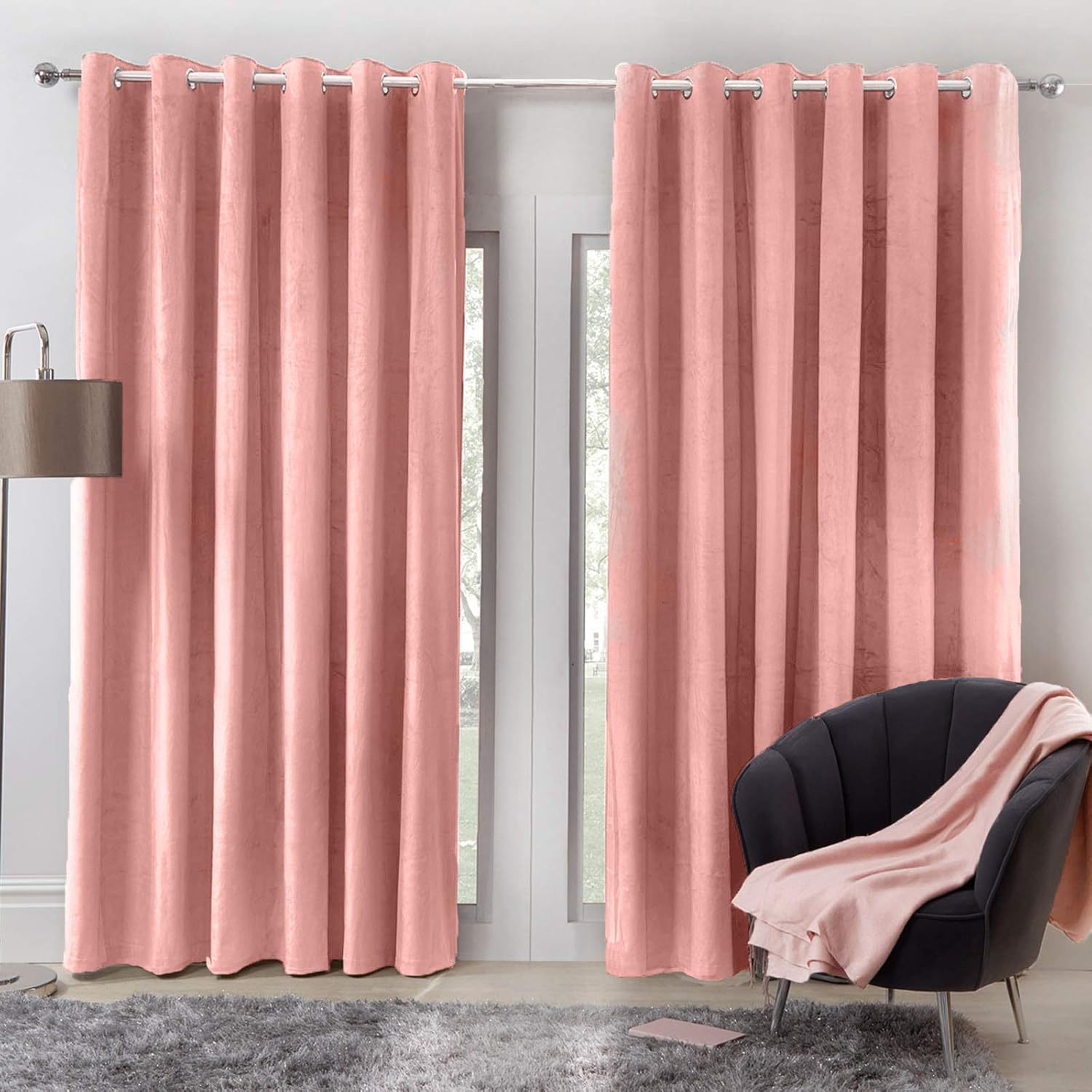 Amazon Com Sienna Capri Shimmer Velvet Eyelet Curtains Ring Top Pair Of Fully Lined Super Soft Blush Pink 90 Wide X 90 Drop Kitchen Dining