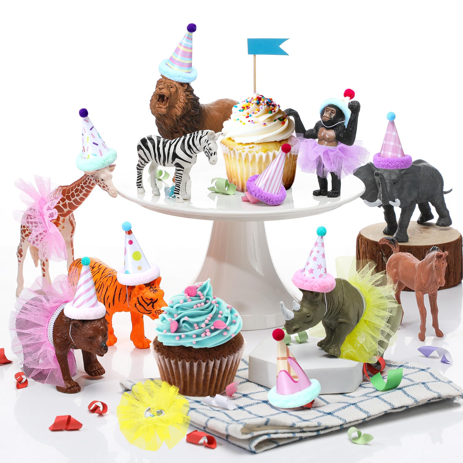 Weysat 27 Pcs Jungle Animal Cake Topper Animals Figures Birthday Party Decorations with Mini Hat with Pom Poms Jungle Toppers Decoration with Mini Skirt and Hat for Wild Animals Themed Party
