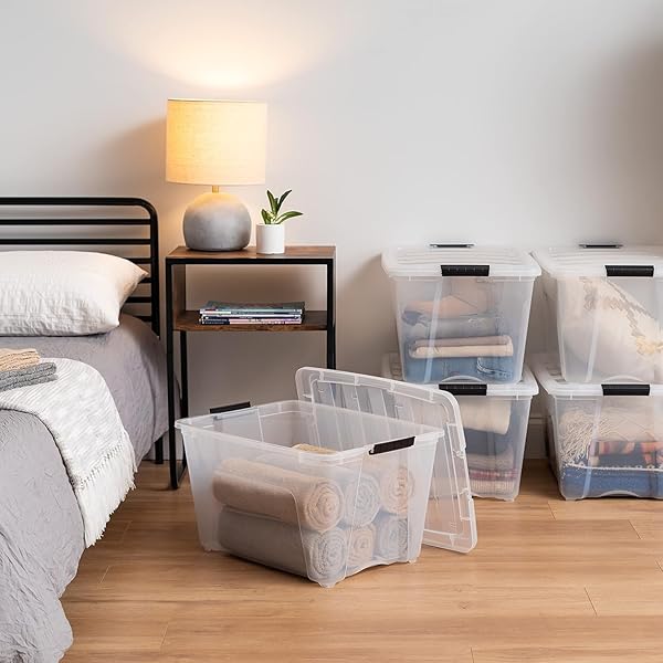 IRIS USA 54 QT STACKABLE PLASTIC STORAGE BINS WITH LIDS, 6 PACK – BPA-FREE, MADE IN USA – SEE-THROUGH ORGANIZING SOLUTION, LATCHES, DURABLE NESTABLE CONTAINERS, SECURE PULL HANDLE – CLEAR
