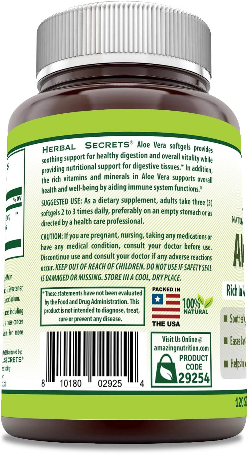 Herbal Secrets Aloe Vera 10000 Mg, 120 Softgels (Non-GMO) - Regulates Intestinal Bacteria, Soothes Digestive Track, Helps Improve Immune Function*: Health & Personal Care