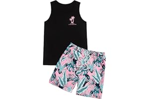 GORGLITTER Men's 2 Pieces Set Floral Print Elastic Waist Shorts Sleeveless Tank Top Outfit Tracksuit