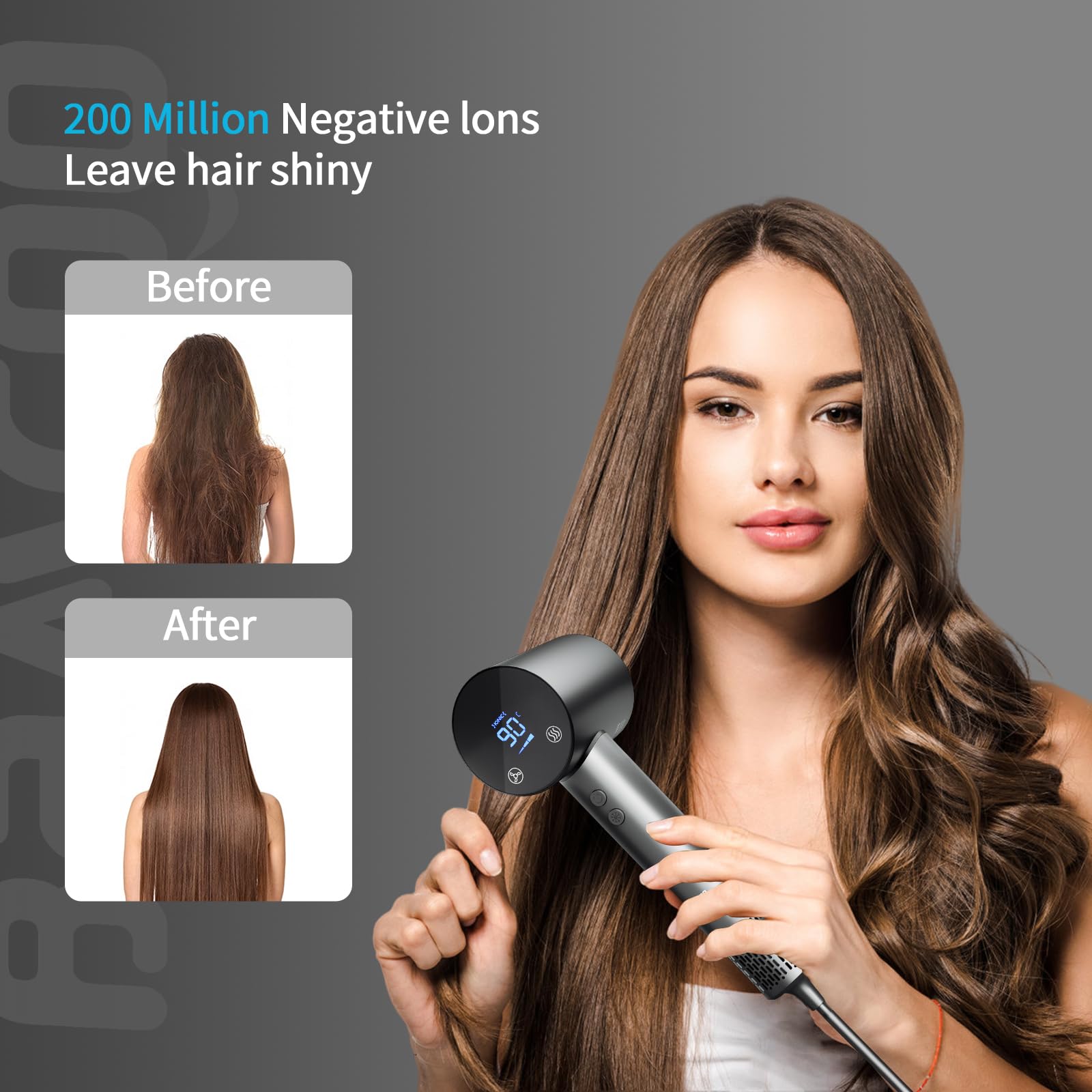 BAMCOO Föhn Fön Haartrockner Ionen Föhn Hair Dryer 1500W HD Display Temperatur Touchscreen ionen haartrockner 4 Temperaturstufen & 3 Geschwindigkeitsstufen (Grey) 7