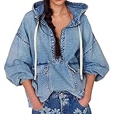Xadsfeel Women's Oversized Denim Hoodie Pullover Jackets Half Zip Long Sleeve Jean Hooded Sweatshirt Tops Fall Outfits