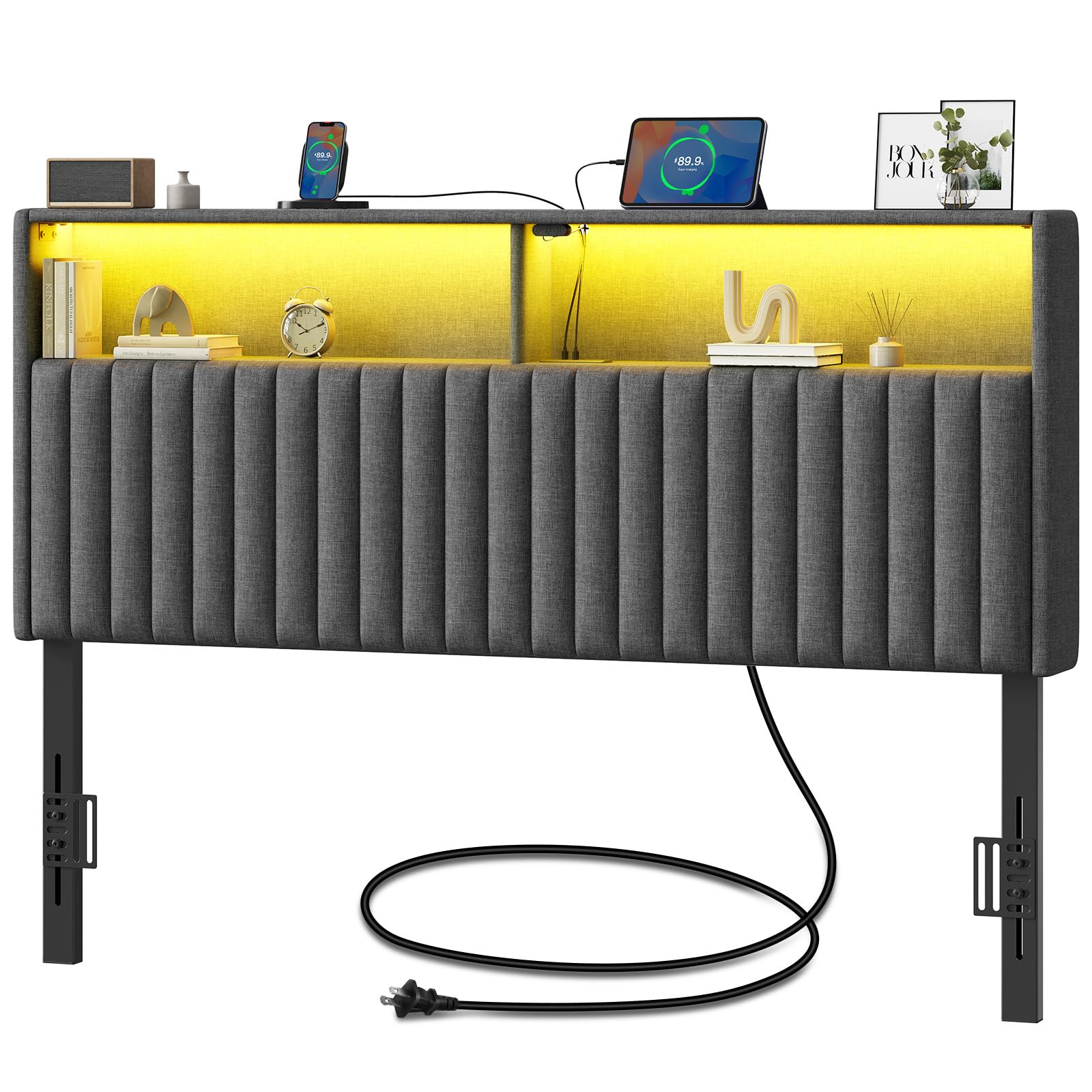 Photo 1 of ***MISSING PARTS*** Rolanstar Headboard for Queen Size Bed with Storage, Head Board with USB & Type C Port, 60,000 DIY Color of LED Light, Velvet Upholstered, Height Adjustable, Sturdy, Easy Assembly, Grey