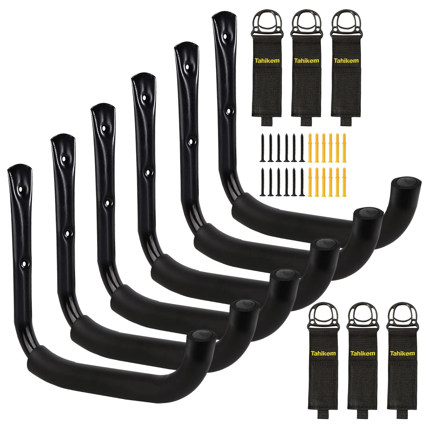 Photo 1 of Tahikem 6 Set Garage Wall Mounts, 9 Large Wall J Hooks, Black - Heavy Duty Extension Cord Hangers for Ladders, Mowers, Cables