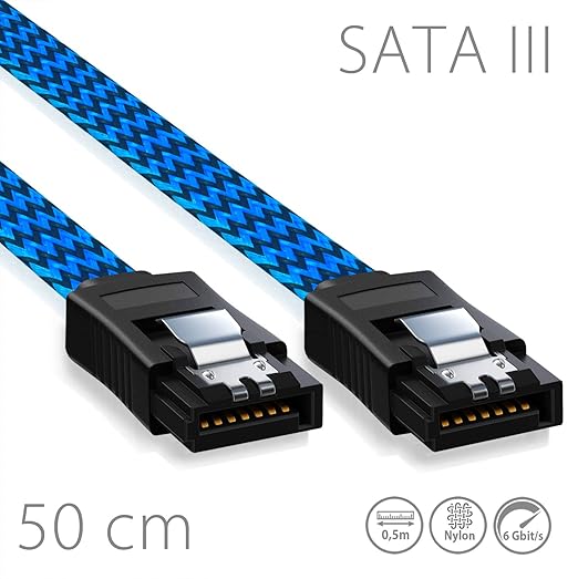 Nylon SATA Kabel,50cm, geflochtener Mantel, S-ATA HDD SSD Datenkabel mit Übertragungsraten bis zu 6 GBit/s, blau/schwarz