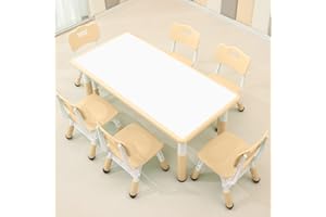 monleelnom Children's Table and Chair Set Suitable for Boys and Girls Age 2-12 Height Adjustable Table top Can be Painted with 6 Seats Suitable for Family Learning Daily use (Wood Color)