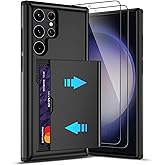 Pilaru for Samsung Galaxy S23 Ultra Case with Card Holder and (2 Pcs) HD Screen Protector, Slim Heavy Duty Dual Layer Shockproof Design & Hidden Card Slot Wallet Case for S23 Ultra 5G-Black