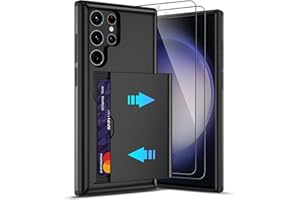 PILARU for Samsung Galaxy S23 Ultra Case with Card Holder and (2 Pcs) HD Screen Protector, Slim Heavy Duty Dual Layer Shockproof Design & Hidden Card Slot Wallet Case for S23 Ultra 5G-Black