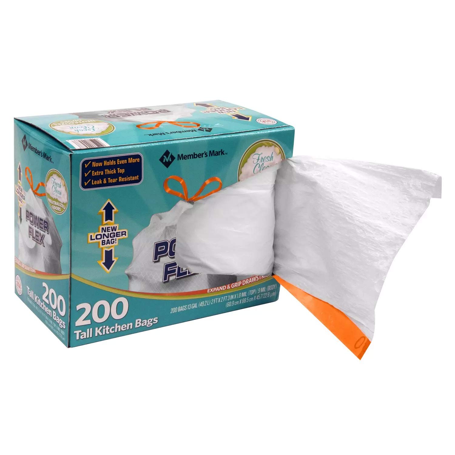 Members Mark 13 Gal Power Flex, Leak Protection, Tall Kitchen Simple Fit Drawstring Bags (1 Pack, Fresh Clean Scent), 1count