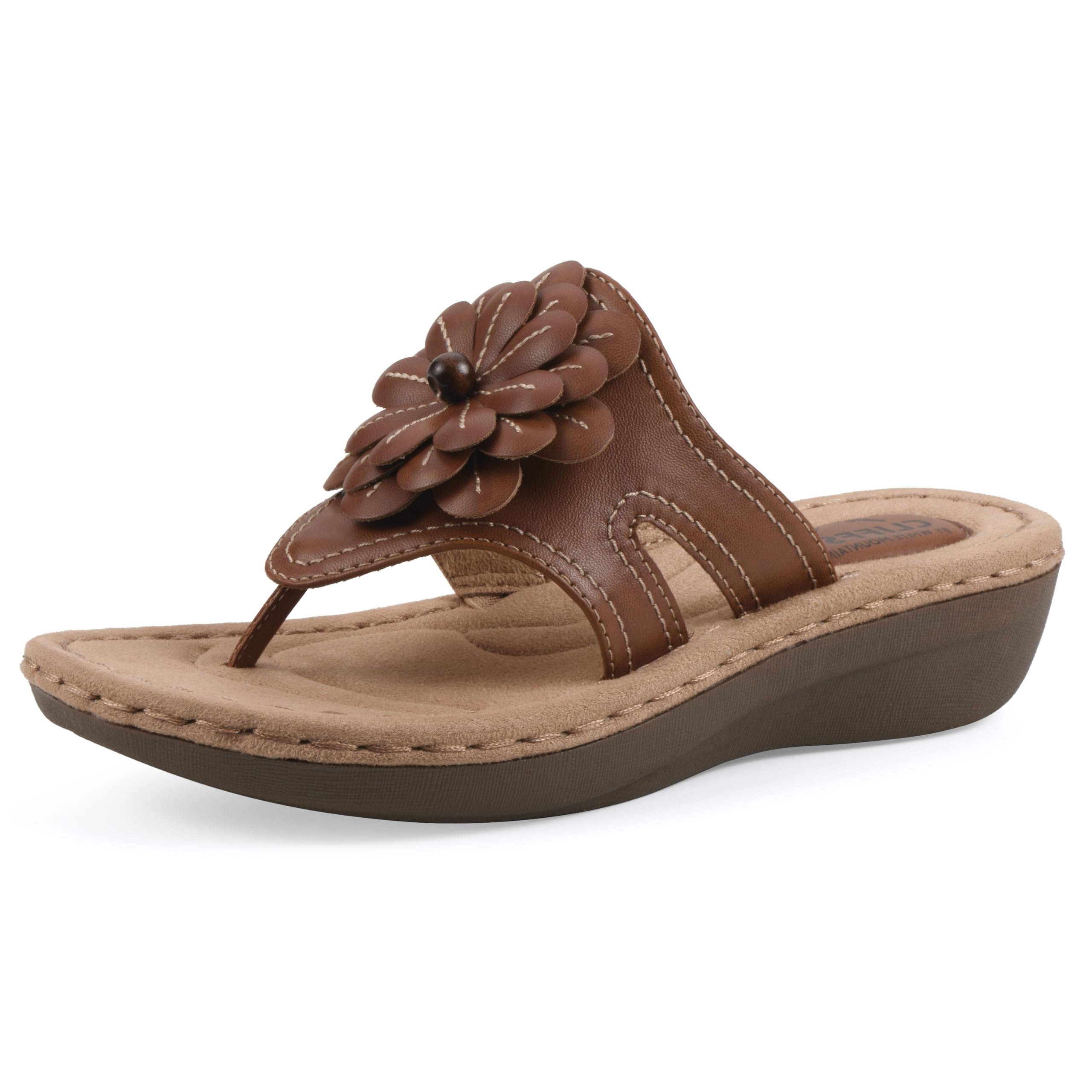Cliffs by White Mountain Women’s Cushioned Cashlyn Floral Sandal, Tan Burnished Smooth, 6.5 W