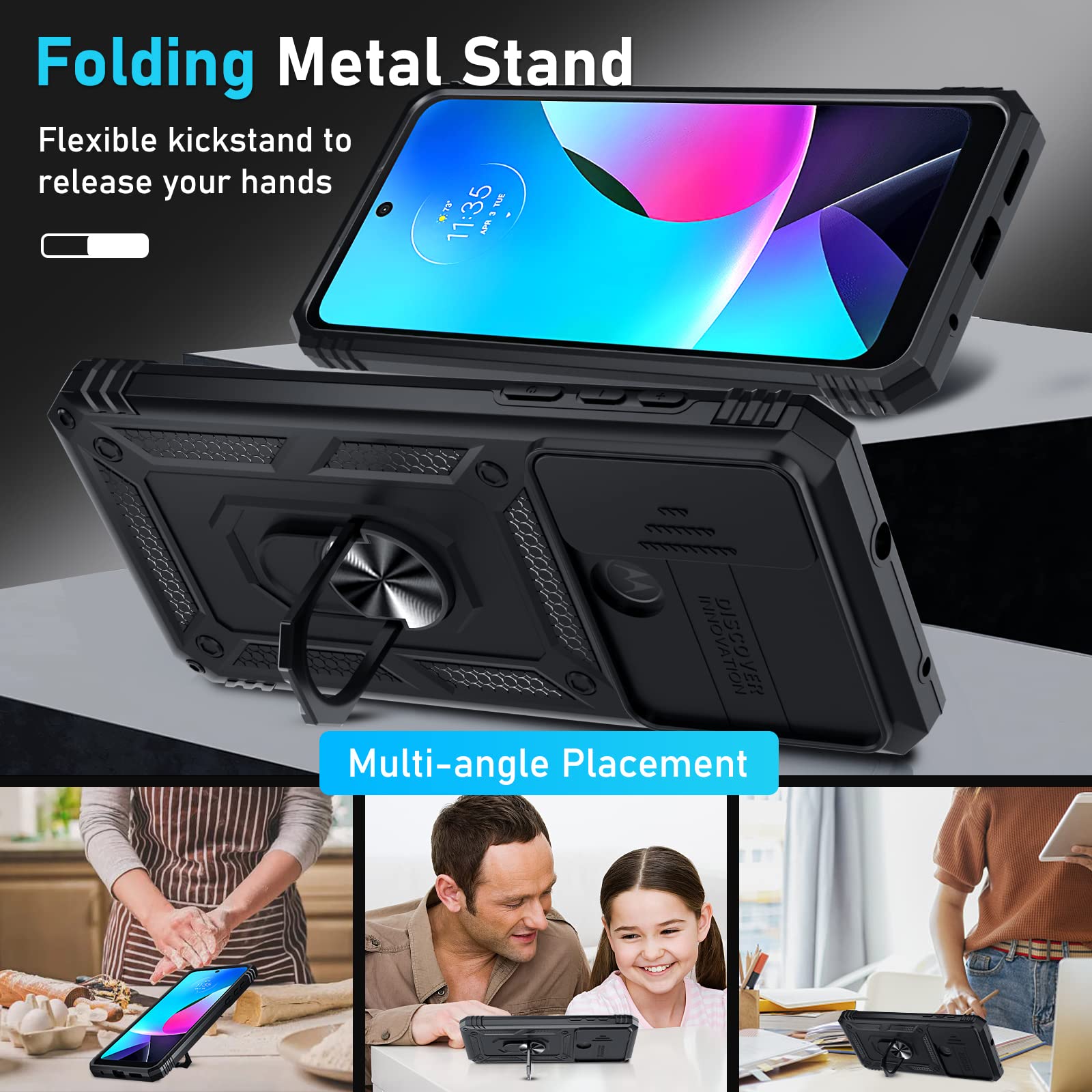 Janmitta Compatible with Moto G Play 2023,G Power 2022/G Pure Case Built in Slide Camera Lens Cover+Screen Protector+Ring Holder,Heavy Duty Shockproof Full Body Phone Cover,Black