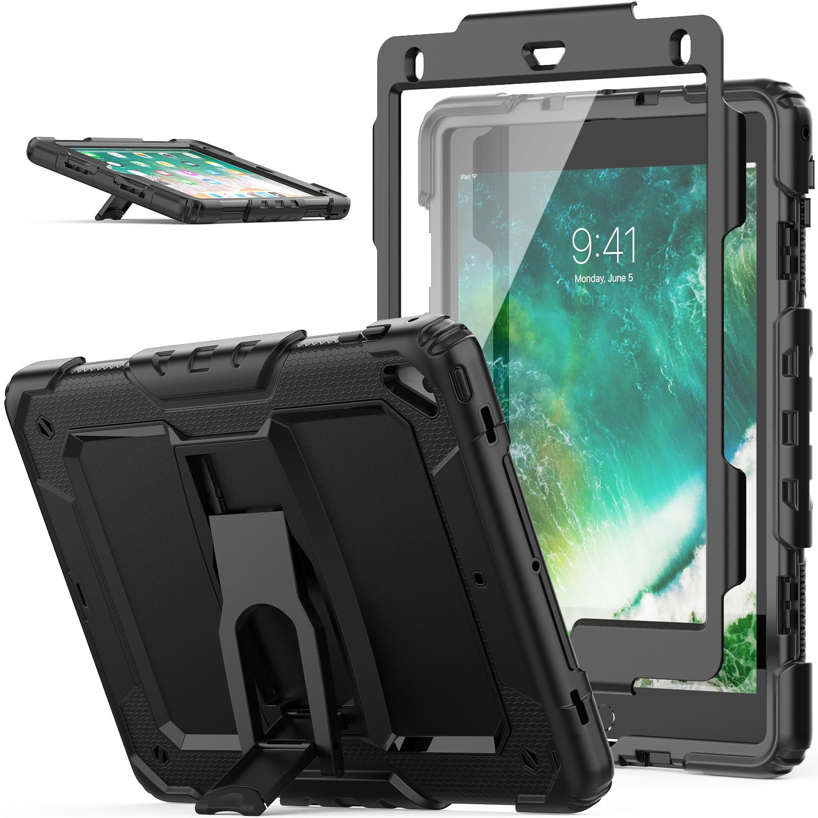 SEYMAC stock Case for iPad 6th/5th Generation/Air 2/ Pro 9.7 Inch, 3-Layer Full Body Shockproof Cover with Screen Protector & Folding Stand for iPad 9.7 Inch Case, Black