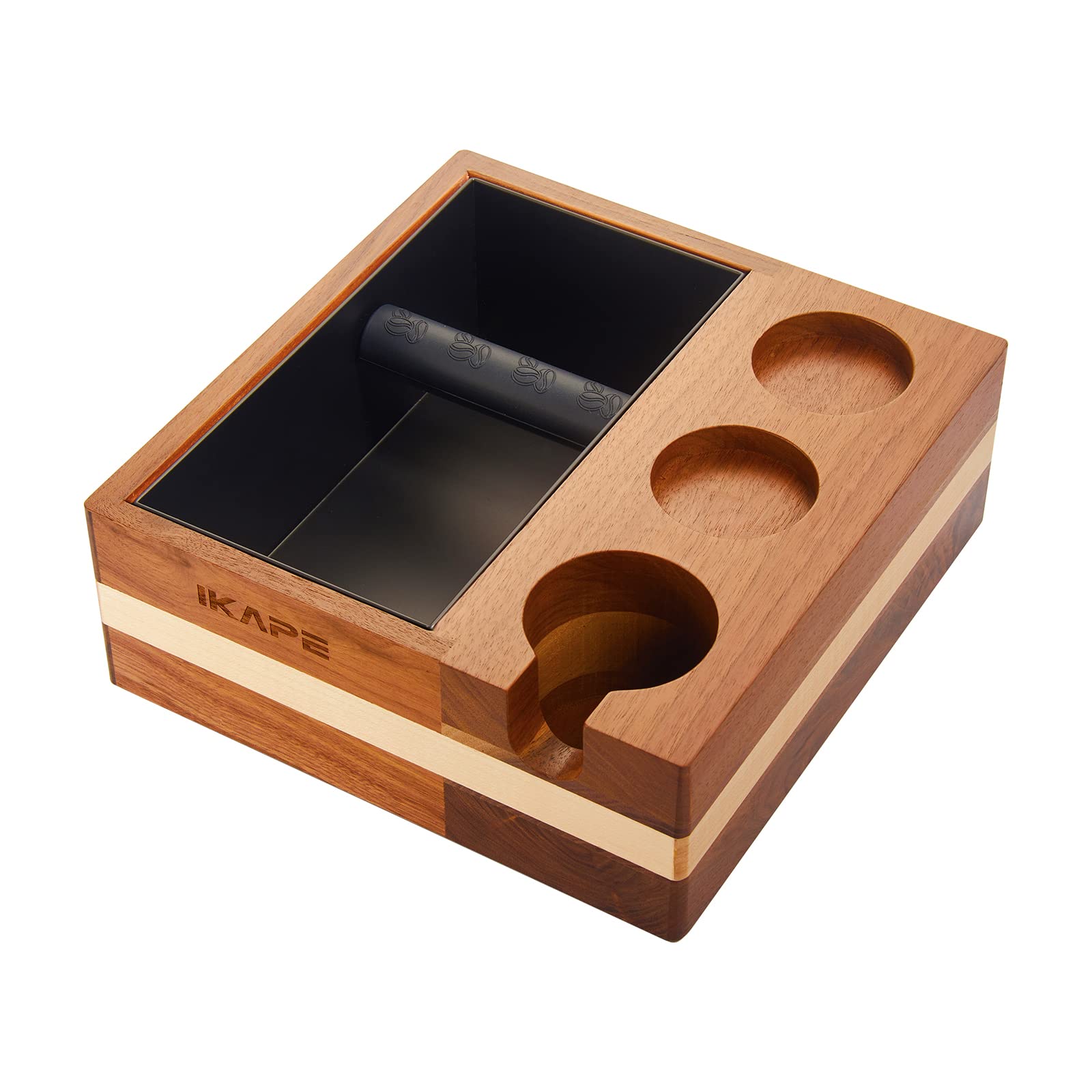 Photo 1 of IKAPE Espresso Knock Box, 58MM Espresso Accessories Organizer Box Compatible with All Espresso Accessories, Natural Mahogany Tamping Station Base(4 IN One)