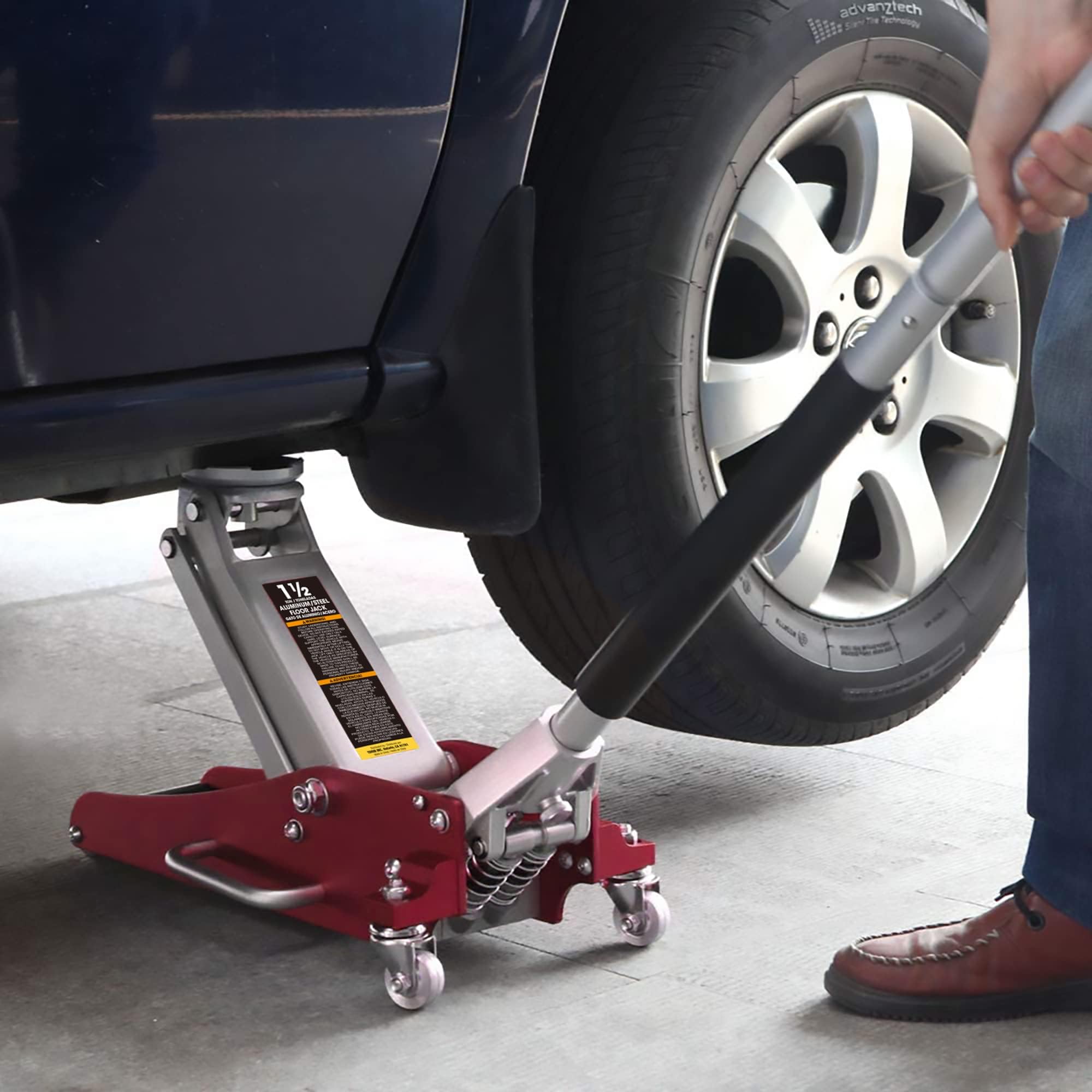 BIG RED AT815016LR Torin Hydraulic Low Profile Aluminum and Steel Racing Floor Jack with Dual Piston Quick Lift Pump, 1.5 Ton (3,000 lb) Capacity, Red