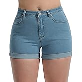 Laeyzuo Women's High Waisted Stretch Jean Shorts Foldead Hem Fashion Denim Shorts