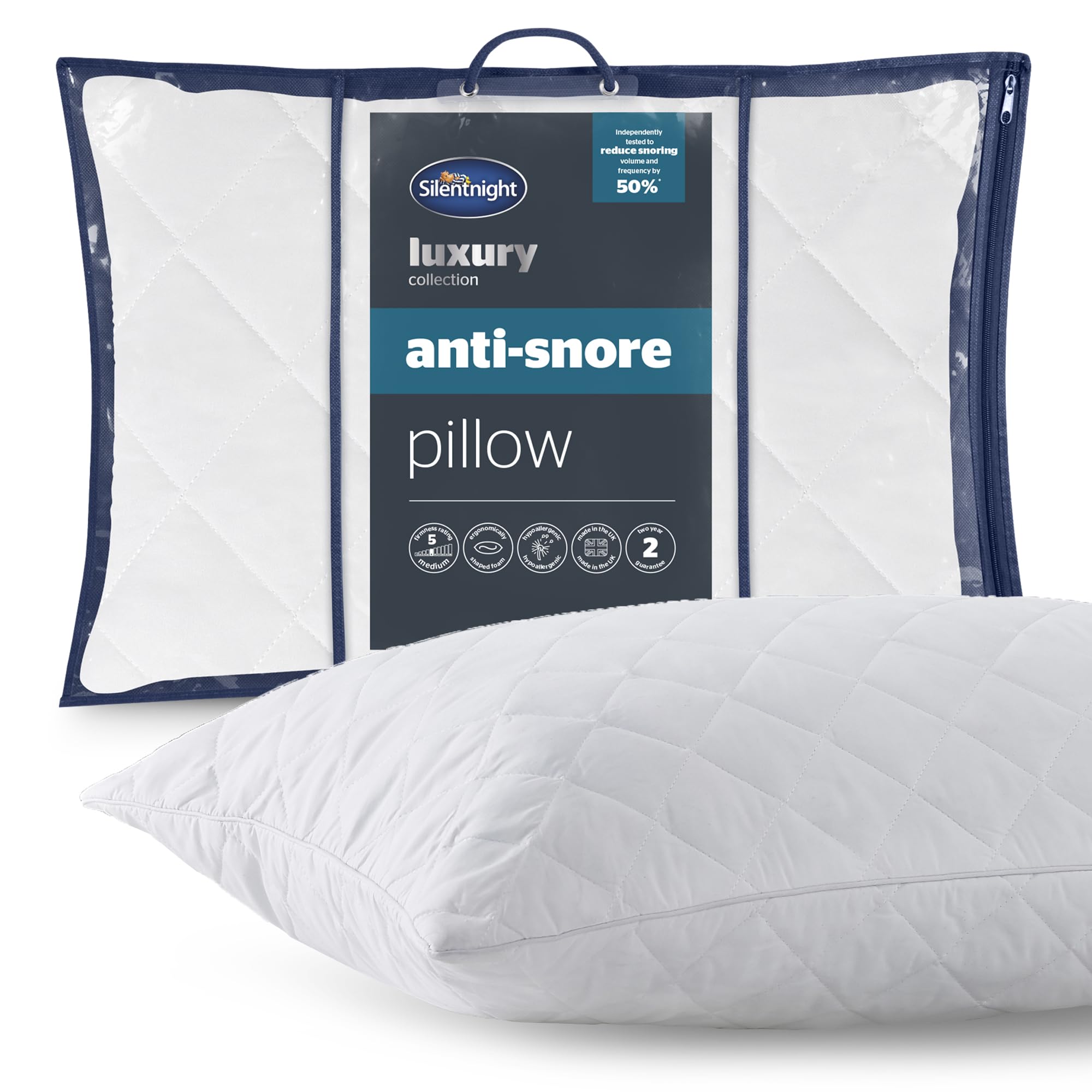 Silentnight Luxury Quilted Anti Snore Pillow, Contoured Foam Positions the Head to Reduce Snoring Volume with Luxurious Soft Touch Cover, Hypoallergenic