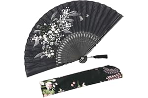 OMyTea Folding Hand Fan for Women - Foldable Japanese Chinese Oriental Vintage Retro Bamboo Silk Fan - for Church, Decoration, Hot Flash, Dance, Performance, Party, Gift (Black Grassflowers)