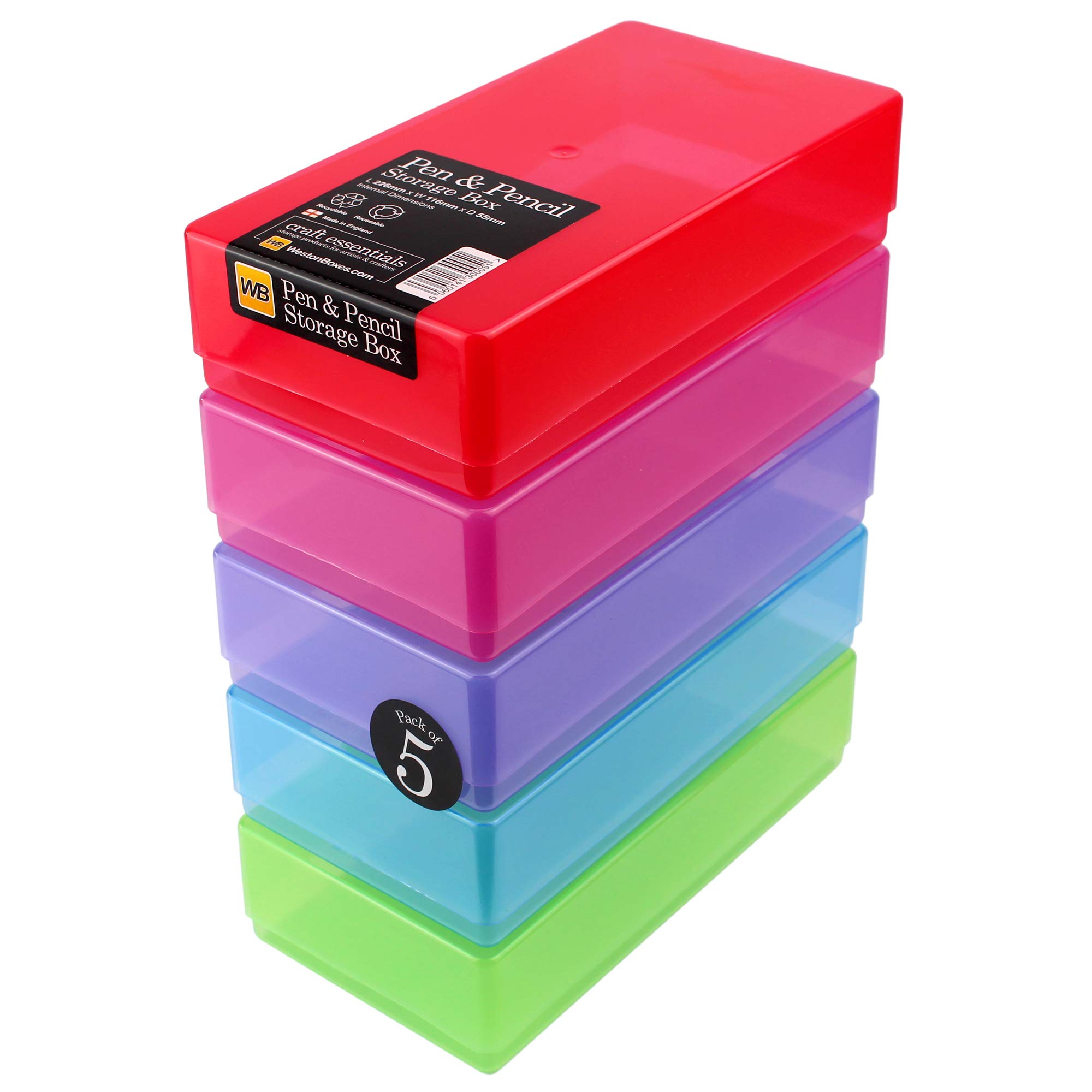 WestonBoxes Plastic Storage Boxes with Lids for Pens, Pencils and Stationery - 1.4 Litre Volume (Multicoloured/Transparent, Pack of 5)