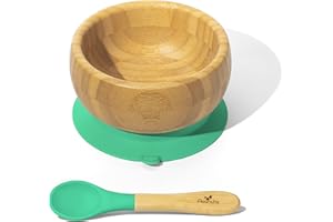 Avanchy Bamboo Baby Bowl with Spoon and Removable Silicone Suction Base – Non-Toxic, BPA-Free Feeding Bowl for Babies and Toddlers – Natural Bamboo Suction Bowl, Green