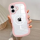 QLTYPRI Magnetic for iPhone 16 Case Compatible with Magsafe, Cute Curly Wave Frame Clear Case for Girls Women, Transparent TPU Bumper Shockproof Protective Phone Cover for iPhone 16 - Pink