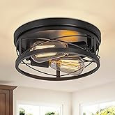 foucasal Farmhouse Ceiling Light Fixture Black Flush Mount Ceiling Light 2-Light Industrial Metal Cage Ceiling Lights for Hal