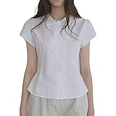 SUNNOW Women's Short Sleeve Button Down Shirt, Mini Round Collar Blouse, Regular Fit Basic Top for Casual & Office Wear