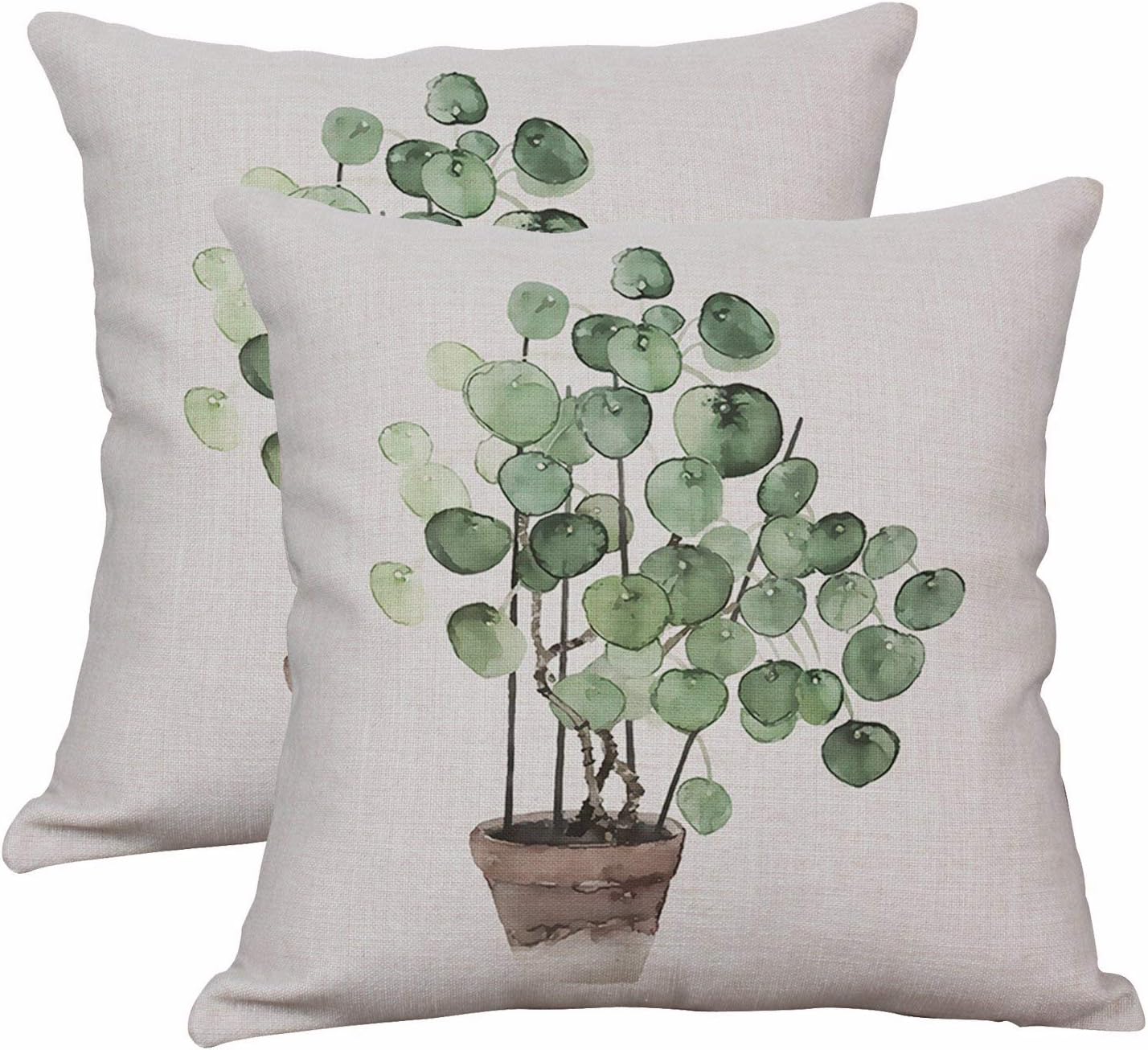 YeeJu Set of 2 Green Plant Throw Pillow Covers Decorative Cotton Linen Cushion Cover Outdoor Sofa Home Pillow Covers 16x16 Inch