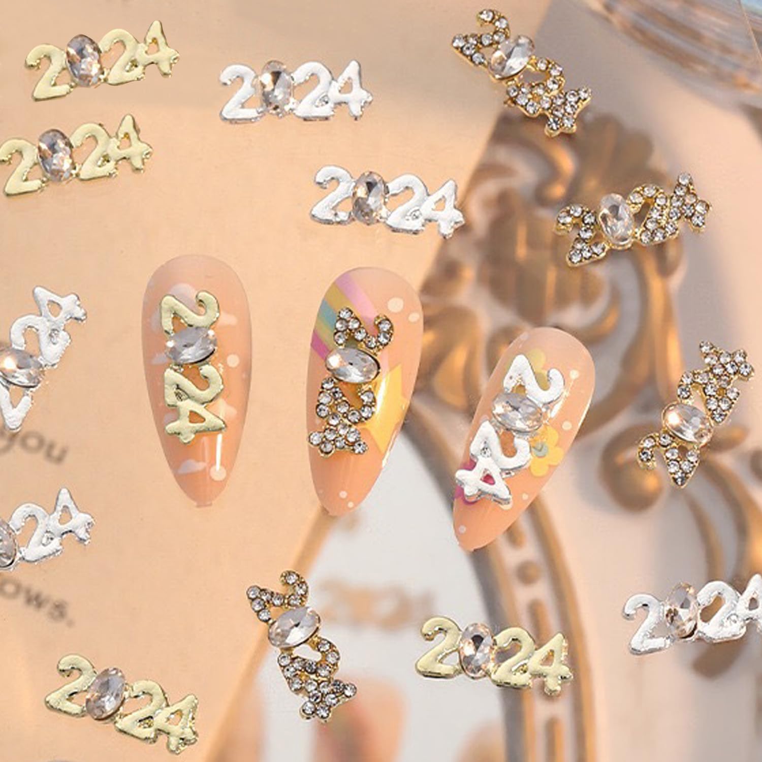 2024 Nail Art Decorations 2024 Number Nail Rhinestone Rivet 3D Alloy Nail Glitter Design Metal Digit Nail Diamond Supplies for Women Girls Manicure Graduation Decorations DIY Jewelry Making Crafts - Image 4