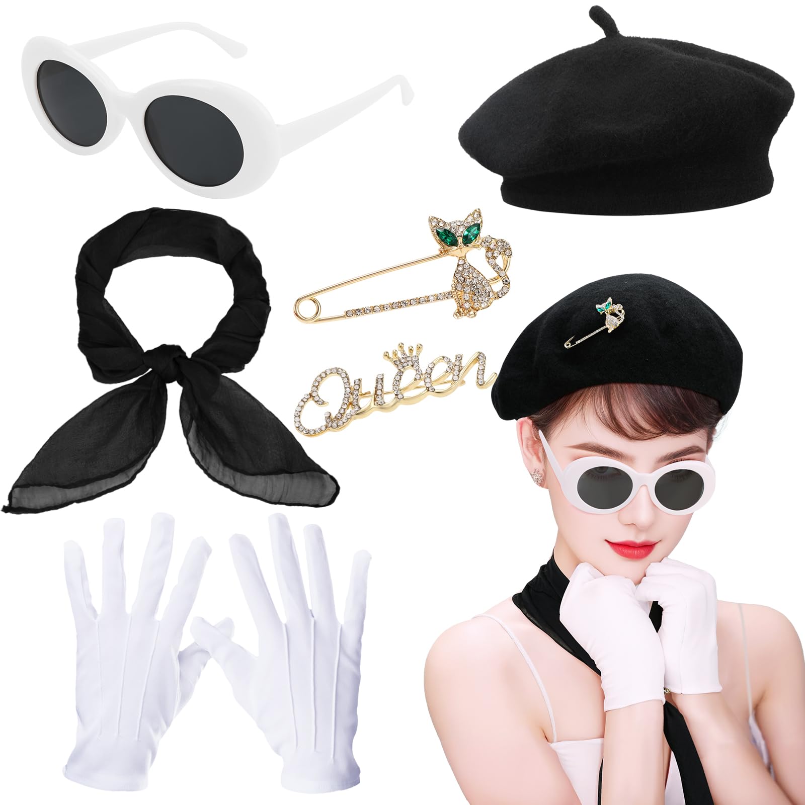 XEPST 6PCS French Fancy Dress for Women with Beret, Sunglasses, Scarf, Gloves, Brooches - Mime Kit for Halloween, Cosplay, Carnival - Black — image 1