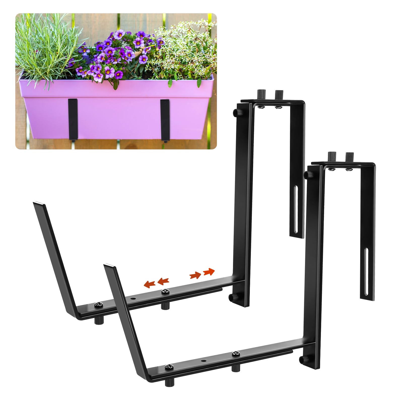 Photo 1 of 2pcs Adjustable Planter Box Brackets for Deck Railing, 6-12.5" Heavy Duty Flower Box Wall Bracket Window Box Holders for Brick Window Sill, Fence, Balcony, Outdoor, Patio, Garden (Black)