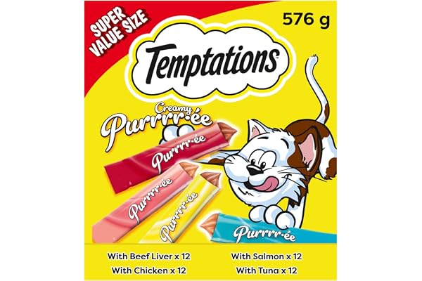 Temptations Creamy Puree Adult Lickable Cat Treats with Beef Liver, & Salmon, & Chicken & Tuna Variety Pack, 48 Pouches, 576g