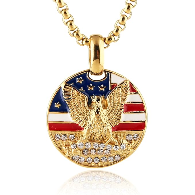 Hzman Mens 18k Gold Plated Stainless Steel 3d Eagle American Flag Dog Tag Cz Pendant Necklace