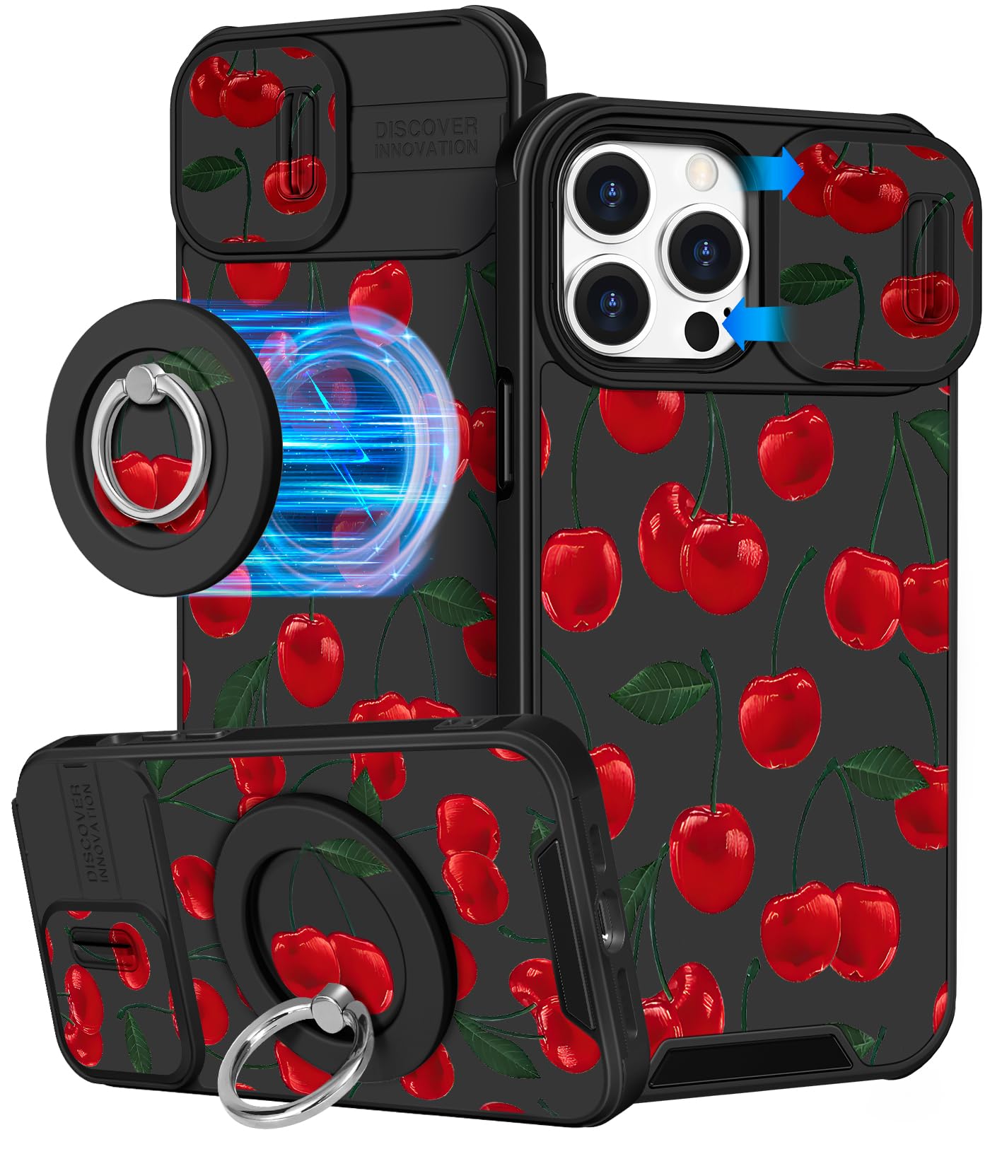 Photo 1 of Buleens for iPhone 15 Pro Max Case 6.7 Inch - with Ring Stand & Camera Cover Aesthetic Cute Designed Women Girls Girly Kawaii Pretty Cherry Phone Case for iPhone 15 Pro Max Compatible with Magsafe
