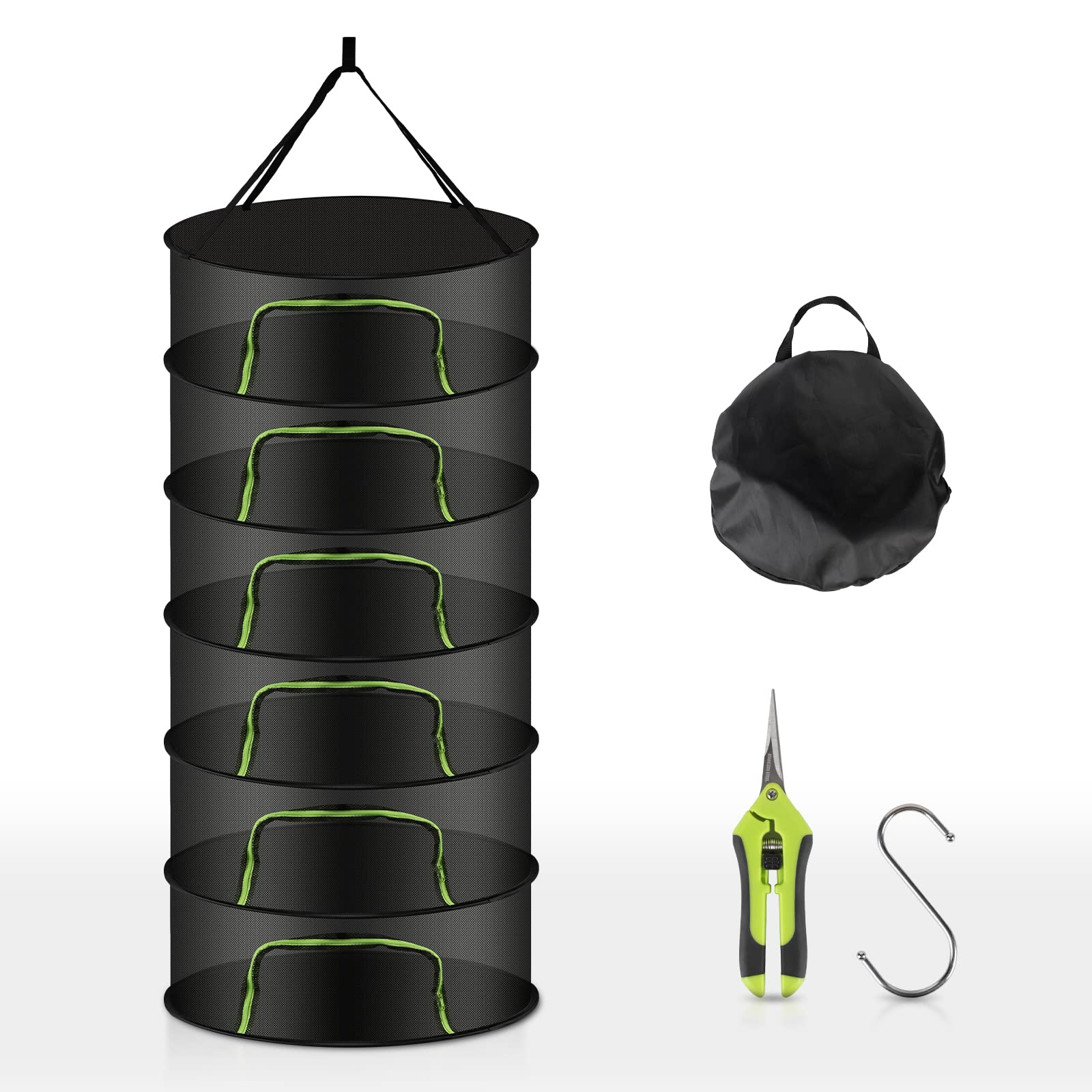 CPROSP 6 Layers Folding Herb Drying Mesh, Herb Drying Rack φ 60 cm x H 120 cm with U-Shaped Zipper, with Scissors and S-Hook for Hanging Herbs, Flowers,