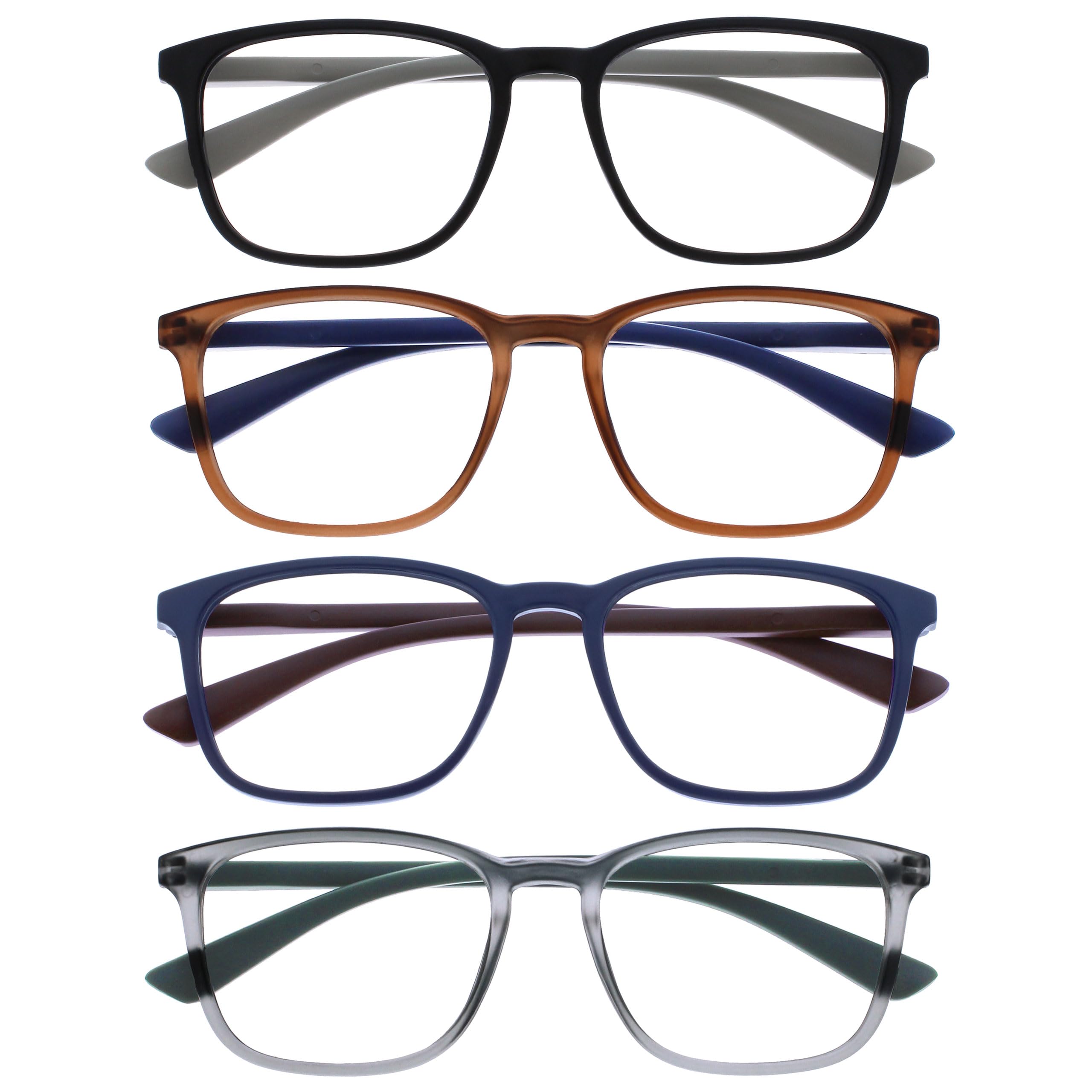 OPULIZE Max Reading Classes 4 Pack - Classic Large Rectangular Frame - Matt Black Brown Blue Grey - Men's Women's Unisex - Spring Hinges - RRRR78-1237 - +3.00