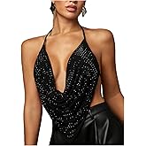 MakeMeChic Women's Mesh Open Back Halter Tops Rhinestone Sparkly Draped Camisole Top