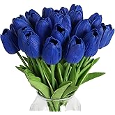 IPOPU 24 PCS Royal Blue Flowers Tulips Artificial Flowers Real Touch Blue Tulips Faux Flowers for Home Table Decor Wedding Bouquet Party Baby Shower Centerpieces Bridal Bouquet Decor (Blue)
