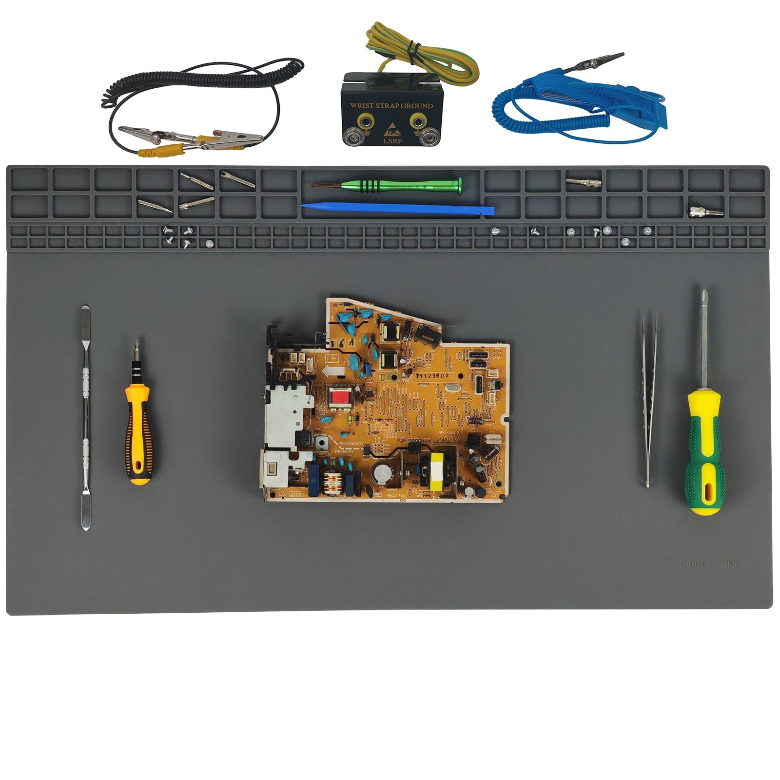 Esoldnic 23.6'' x 13.8'' Extra Large Soldering Mat with ESD Wrist Strap & Ground Cord, 932°F Heat Resistant Silicone Solder Mat, Large Repair Work Mat for Electronic, Cellphone, Laptop Repair (Grey)