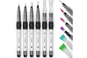 JusArt Water Brush Pens 6-Pack Leak-Proof Refillable Watercolor Pens for Acrylic and Gouache Painting - Includes Pointed & Flat Tip Styles - Portable Water Brushes for Artists, Beginners, Kids
