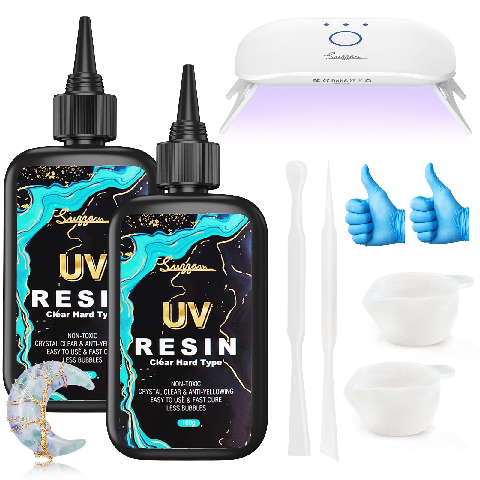 Suzzam UV Resin Kit with Lamp, Upgraded 200g Crystal Clear UV Resin Hard with UV Light, UV Cure Resin for DIY Jewelry Making, Crafts, and Art Projects - Easy to Use, Low Odor, Non-Toxic