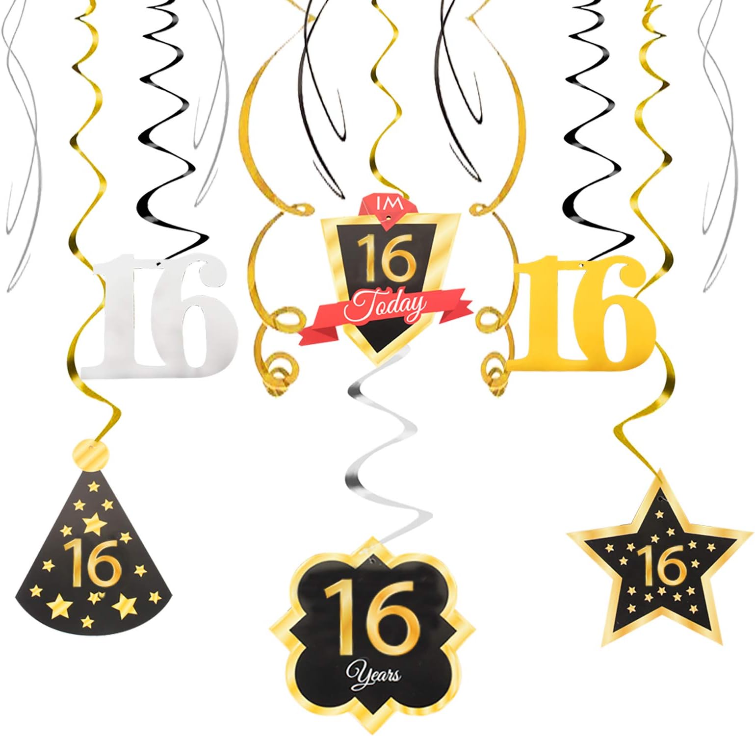 LINGTEER Happy 16th Birthday Swirls Streamers - Cheers to 16th Birthday Sixteen Years Old Bday Party Hanging Decorations.